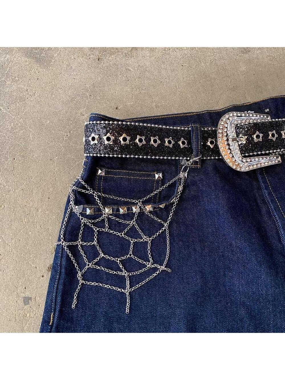 Y2K Black Silver Punk Studded Rhinestone Belt - Picture 6 of 8